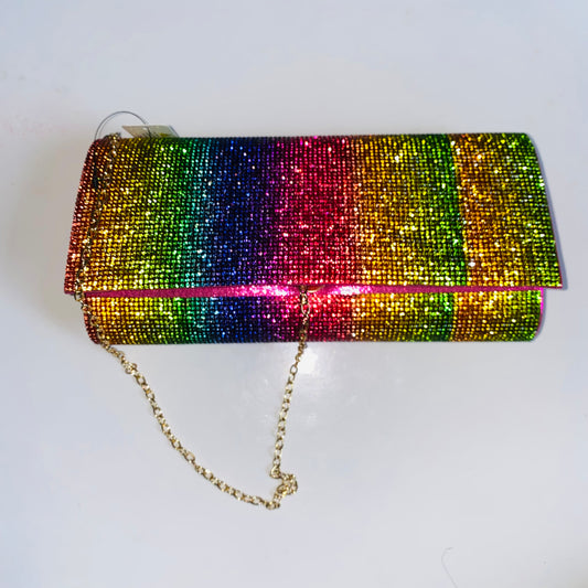 Rainbow Rhinestone Clutch with Gold Chain!